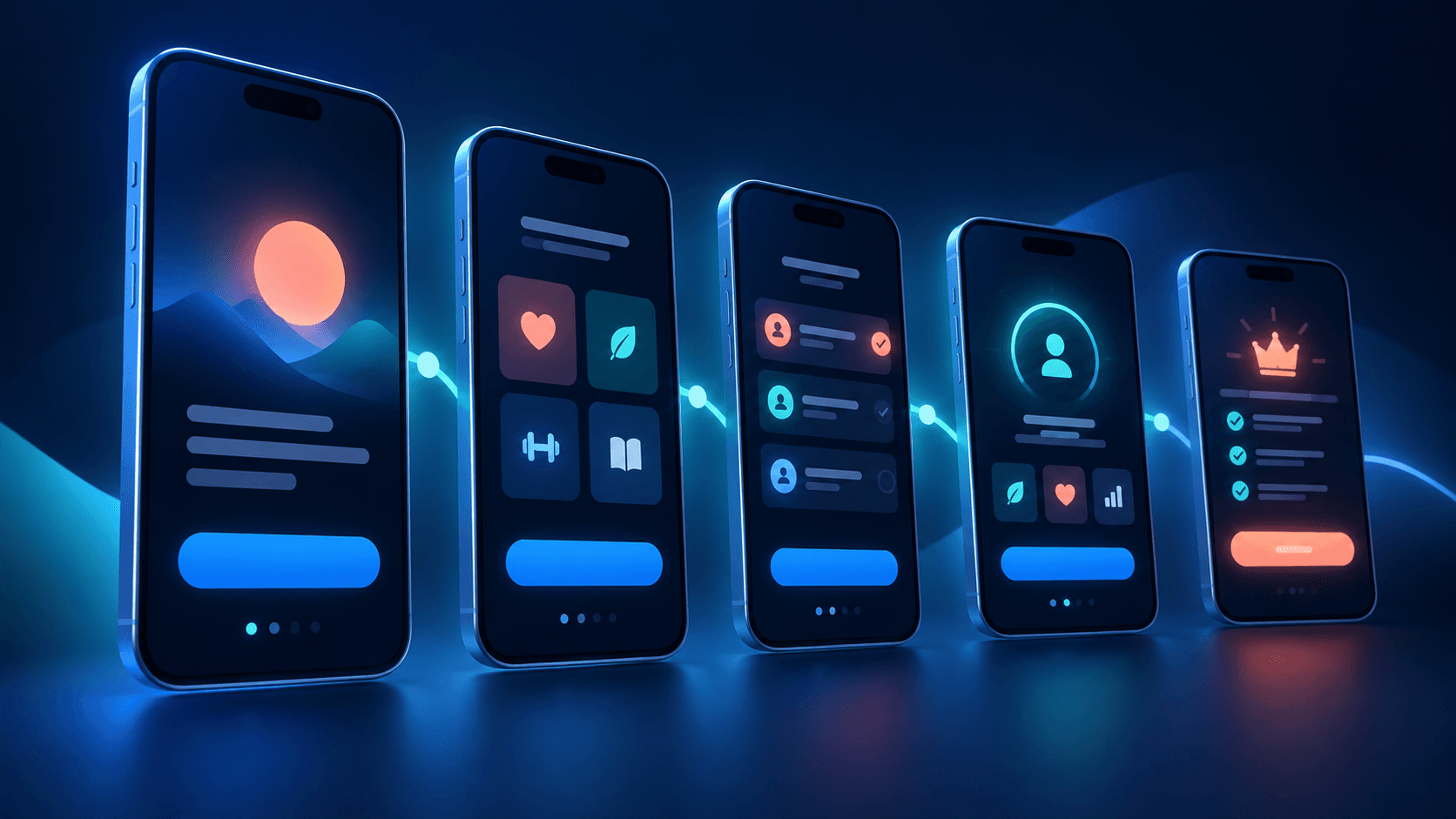 Five mobile onboarding screens progressing from welcome to subscription