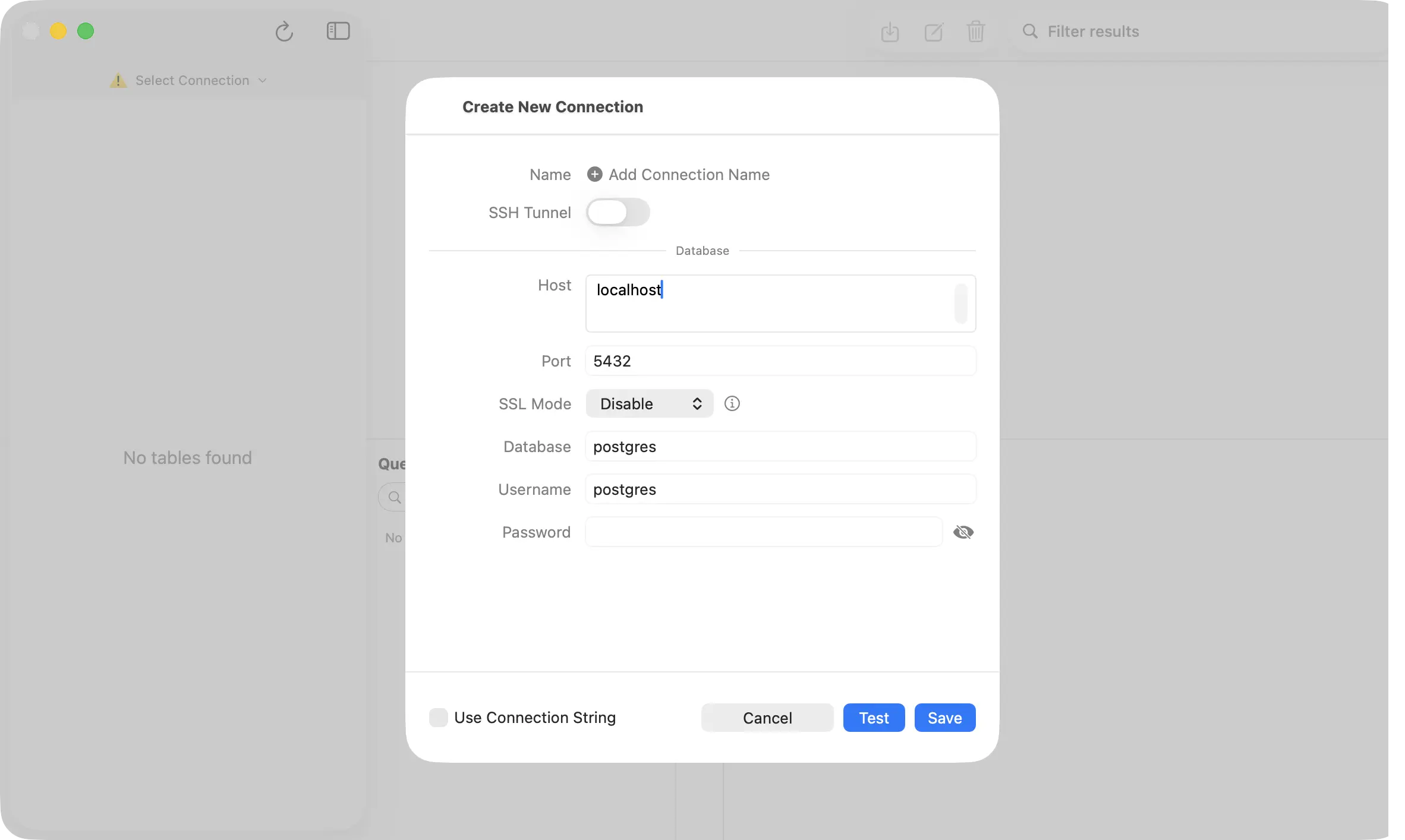 PostgresGUI connection form with SSH tunnel settings