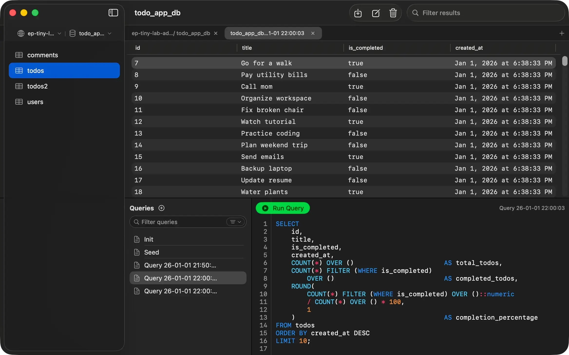 PostgresGUI in dark mode showing a todos table, saved queries, and a SQL editor