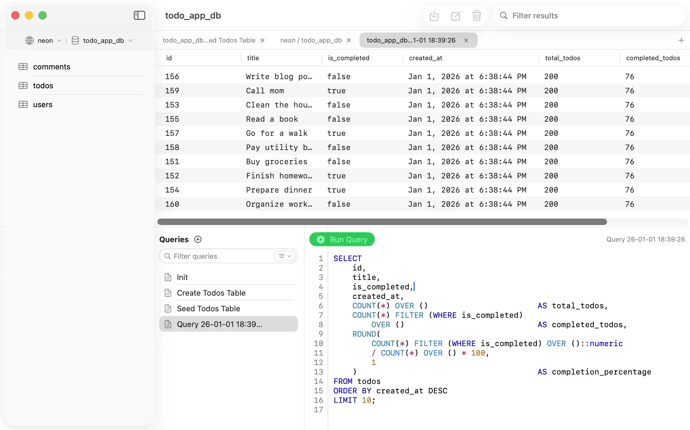 PostgresGUI showing tables, a SQL query, and query results