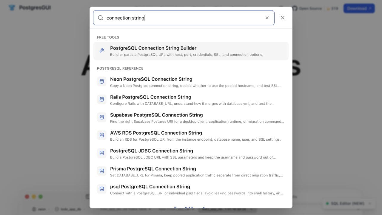 PostgresGUI site-wide search results for connection string