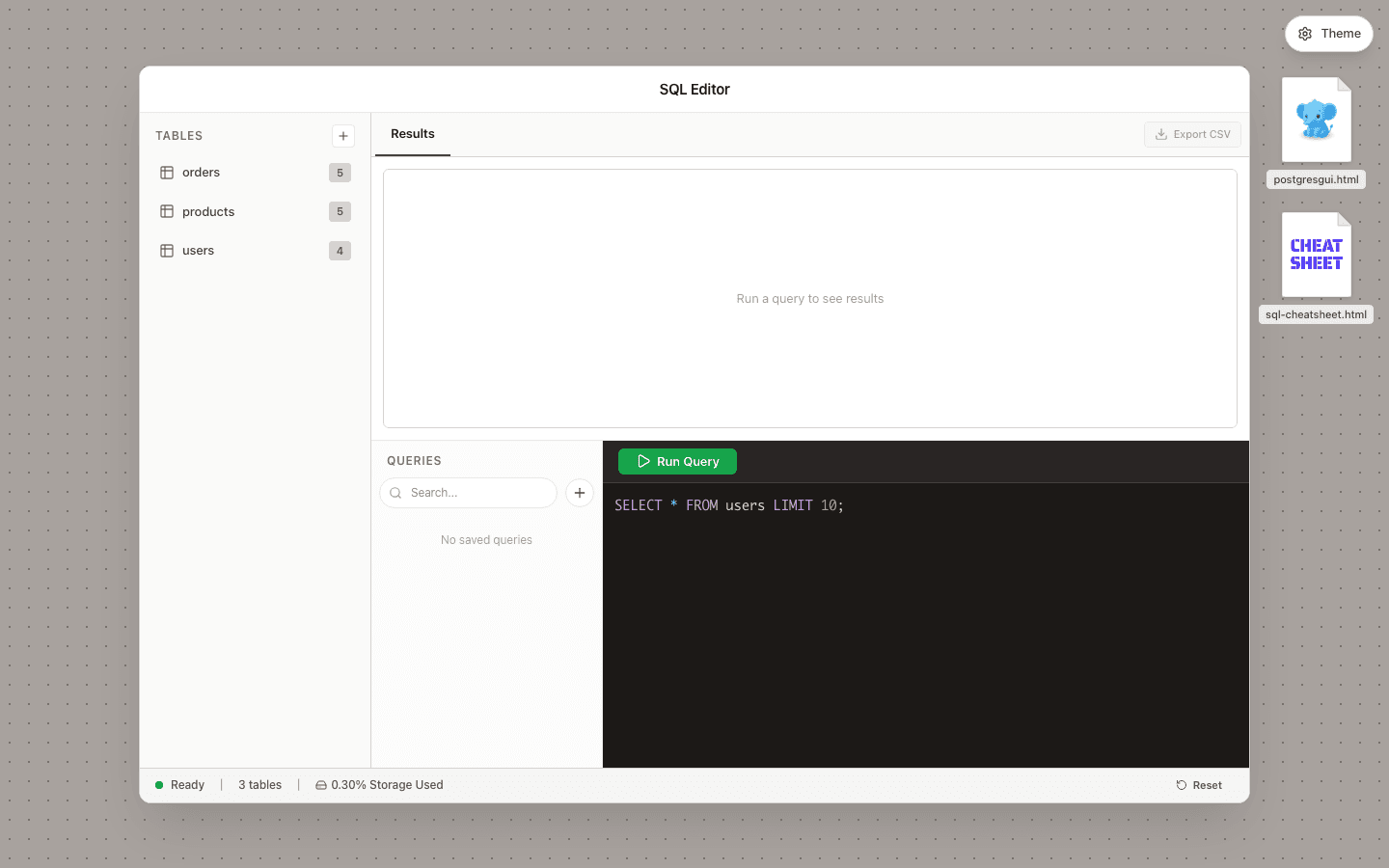 PostgresGUI online SQL editor with query results